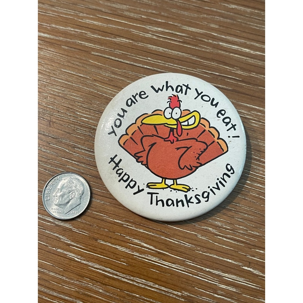 00091 VTG Happy Thanksgiving Turkey Button Pin Brooch – "You Are What You Eat" - Picture 5 of 5